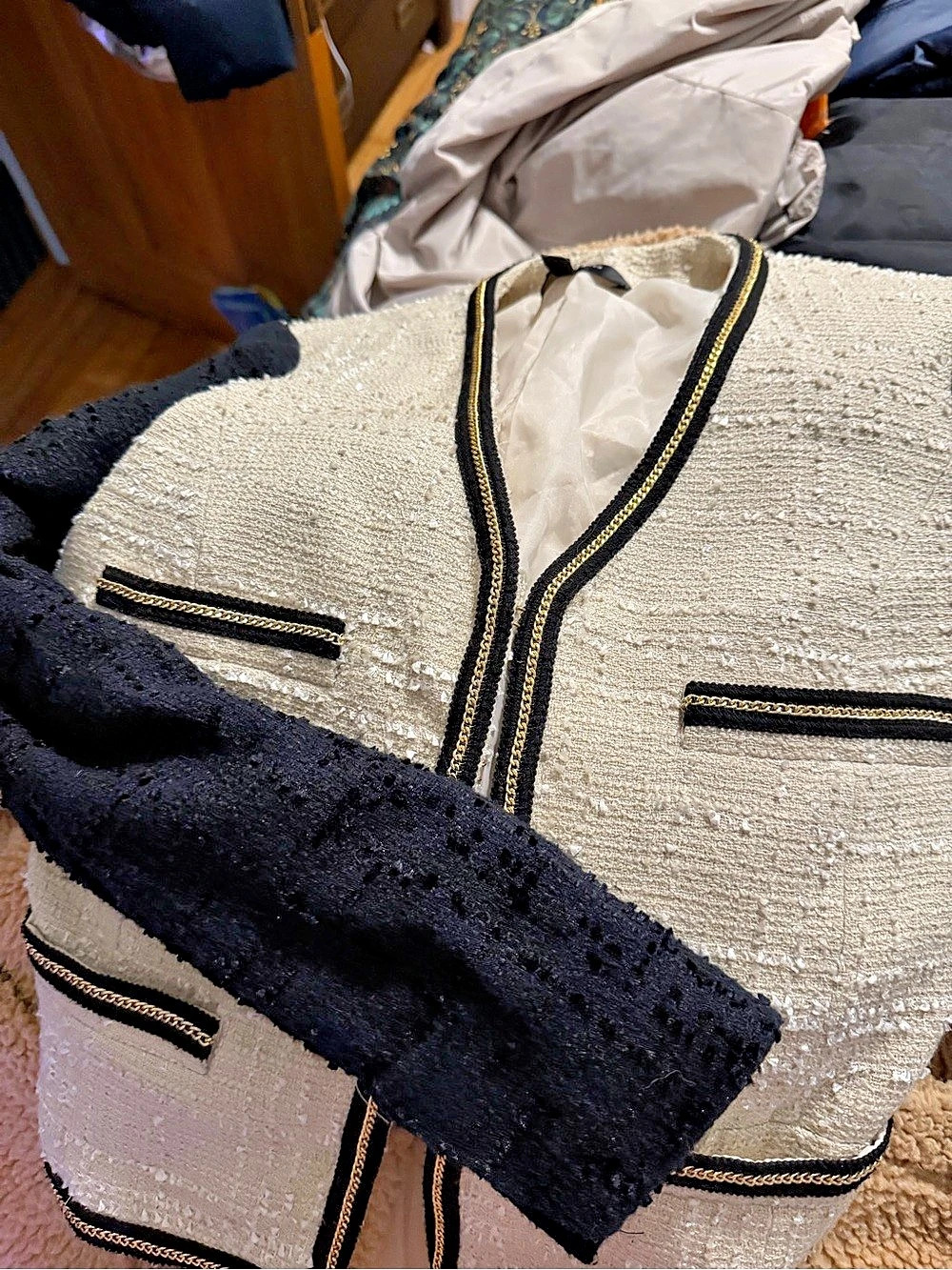 Mango Suit Contrast Trim Blazer in Cream & Black Size Medium